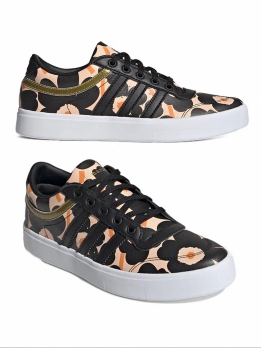 New NIB Marimekko Adidas orange black flowers floral gold sneakers shoes 7